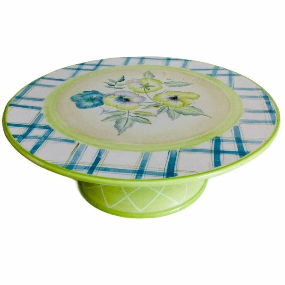 Zrike Everyday Wild Pansy Pedestal Cake Dessert Plate Floral Flower Blue Green A